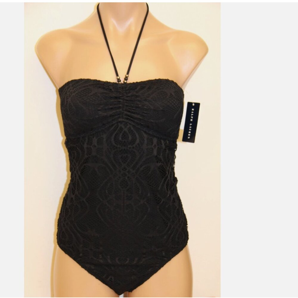 New Ralph Lauren Swimsuit Bikini one piece Black Crochet Size M